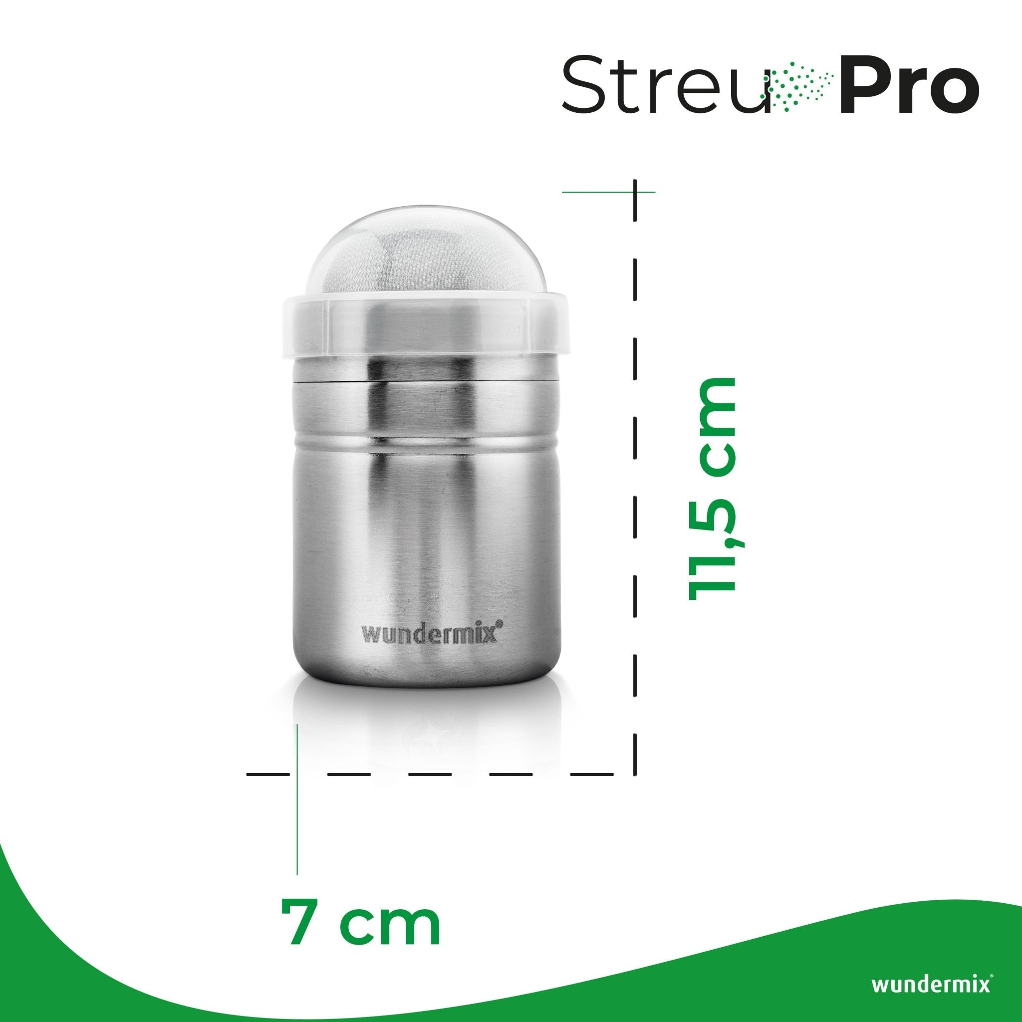 StreuPro | Edelstahl - Streuer für Mehl, Puderzucker, Kakaopulver, Zimtzucker - Wundermix GmbH