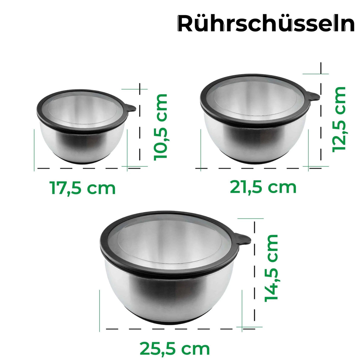 Edelstahl Rührschüssel 3er - Set mit Deckel | 1,5 L + 3 L + 5 L - Wundermix GmbH