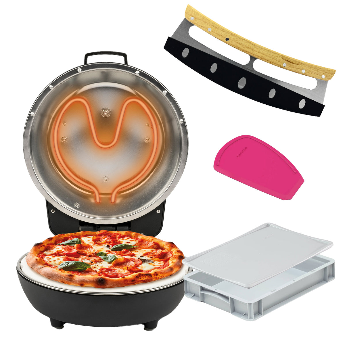 Pizza - Set Pizzaofen Pummarola inkl. Teigballenbox, Wiegemesser, WunderCard - Wundermix GmbH